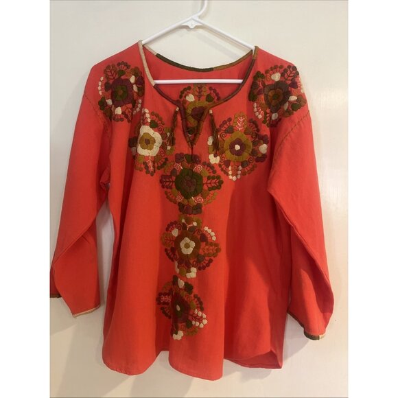 Coral Mexican Handmade Embroidered Blouse Sz M Long Sleeve Open Neck With Ties - Picture 1 of 9